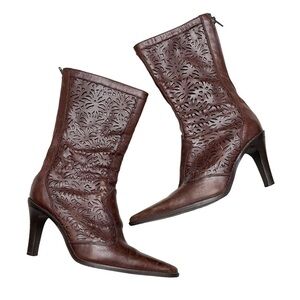 Zara Brown Floral Laser Cut-Out Leather Boots Sz 40